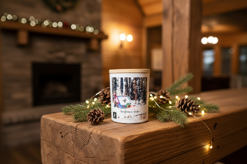 Grey Fox candle glowing in a cozy Alaska lodge with warm Edison bulb lighting at Christmas