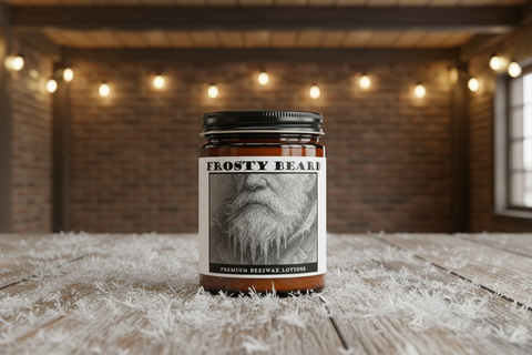 Grey Fox premium beeswax lotion on a frost-dusted table in a cozy Alaska lodge setting
