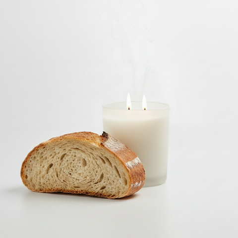 candle with two wicks burning in a clean white studio setting and a piece of sourdough bread