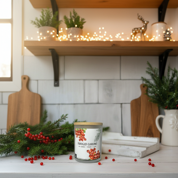 Candle labeled 'Foraged Currant' with a wooden lid on a white surface with red berries.