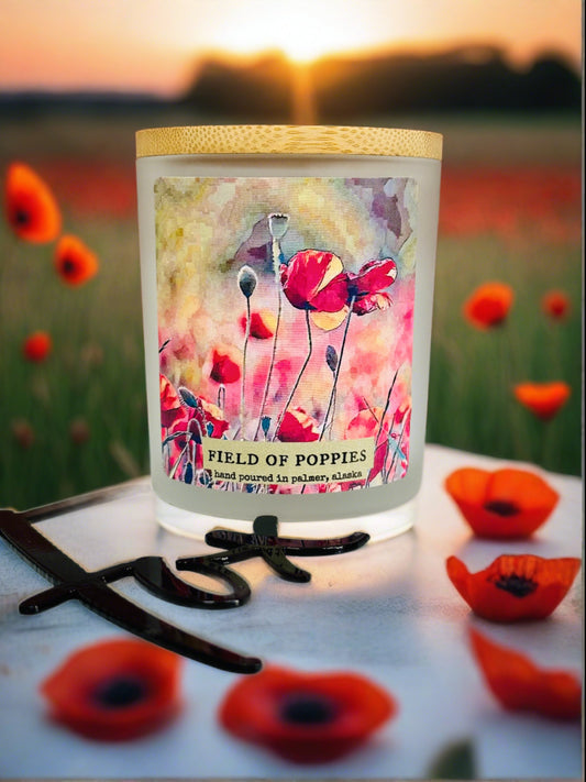 field of poppies, grey fox candles