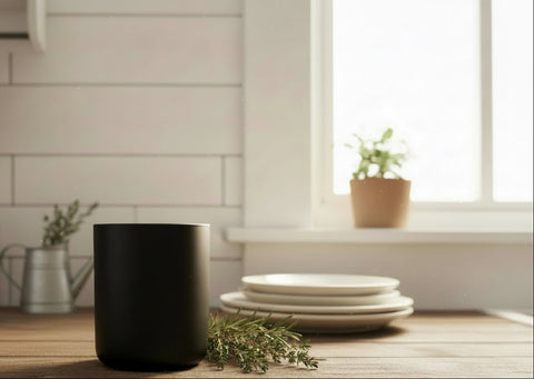 grey fox candle sitting on a farmhouse counter