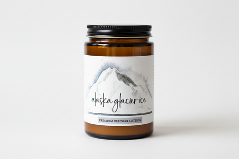 grey fox candles Alaska Glacier Ice premium beeswax lotion with mountain graphic and text.