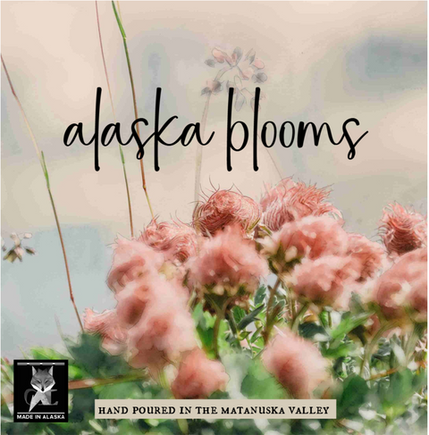 Floral product with 'alaska blooms' text and branding in the Matanuska Valley.