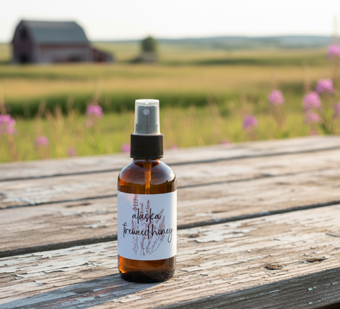 Bottle of natural ALASKA FIREWEED HONEY LINEN SPRAY on a wooden table with a scenic background