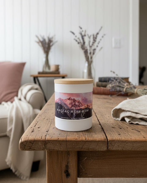 A white candle jar with a light wood lid sits on a dark wooden shelf. The front label features a scenic graphic of pink and purple mountains with the text 'alaska's aspenglow' and '100% Poured in alaska by GREY FOX CANDLES