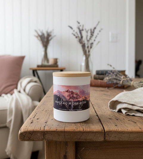 A white candle jar with a light wood lid sits on a dark wooden shelf. The front label features a scenic graphic of pink and purple mountains with the text 'alaska's alpenglow' and '100% Poured in alaska by GREY FOX CANDLES.
