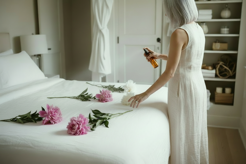 A woman in a white sleeveless dress stands beside a bed in a softly lit bedroom, holding a small amber spray bottle and spraying the white bedding. Pink peony flowers are scattered across the bed.