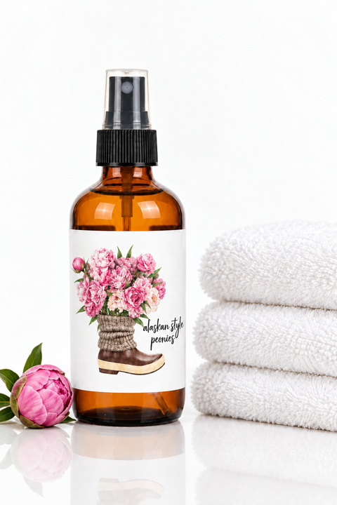 A linen and room mist fragrance oil bottle with pink peony flowers and green leaves on a white background, accompanied by product information text.