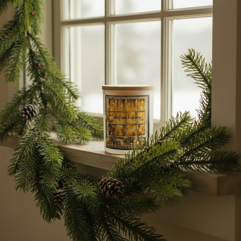 Decorative candle with pine branches on a windowsill