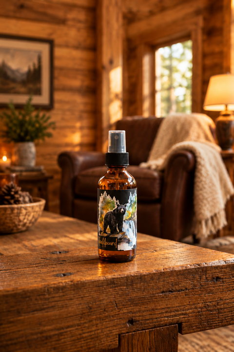An amber glass spray bottle with a black spray top and a label showing a bear and the text 'BlackBeard', placed on a rustic wooden table in a cozy living room.