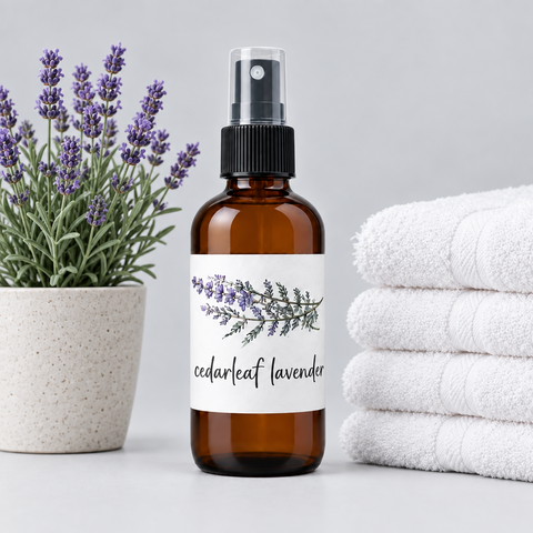 An amber glass spray bottle labeled 'cedarleaf lavender' with a black spray top and white botanical label, standing on a light gray surface beside a stack of folded white towels.