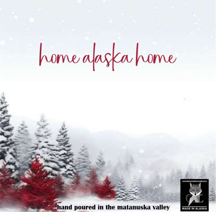 Winter scene with snow-covered trees and 'home alaska home' text.