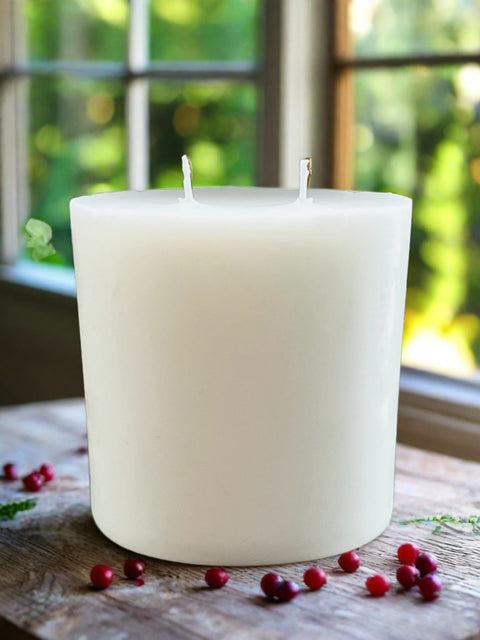 A white, pillar-shaped candle refill with multiple wicks, designed to fit inside a 12oz Grey Fox Candle AURA GLASS JAR.