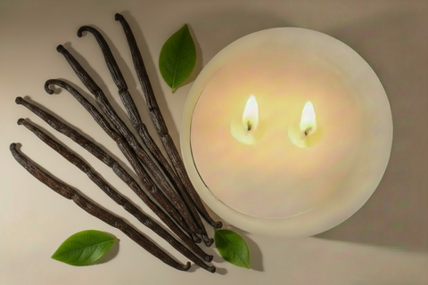 Vanilla beans and a lit candle on a light background