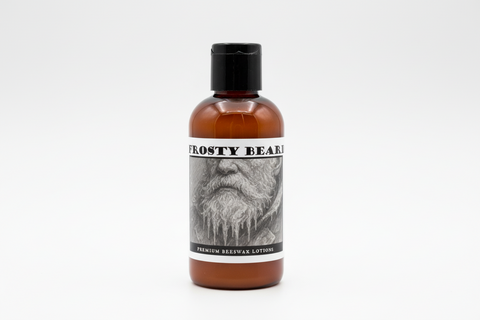 Discovery 2oz size, Frosty Beard premium beeswax lotion with a black and white illustration of a bearded man.