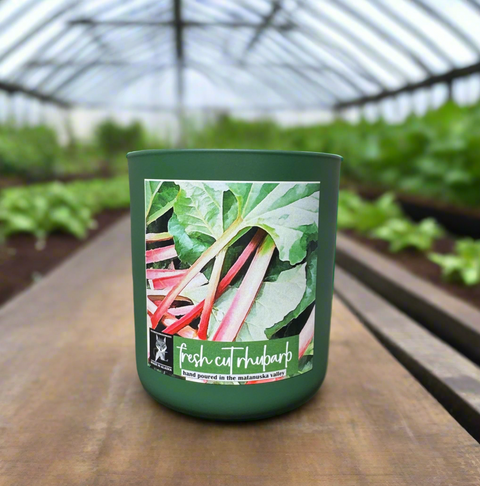 Green candle jar with a fresh cut rhubarb label in a greenhouse setting