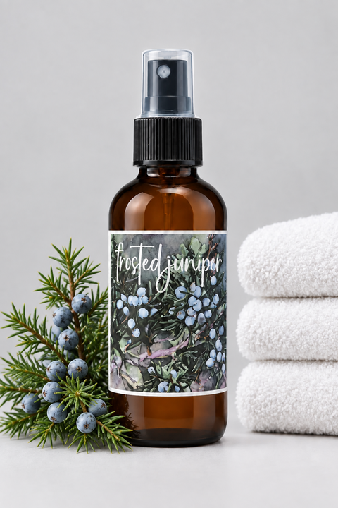 An amber glass spray bottle labeled 'frosted juniper' with a botanical berry illustration, styled with juniper berries and greenery on the left and folded white towels on the right against a light gray background.