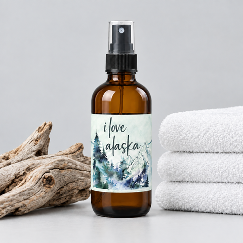 An amber glass spray bottle with a black pump and a decorative label reading 'i love alaska' with a watercolor forest and mountains, set on a light gray surface with folded white towels beside it.