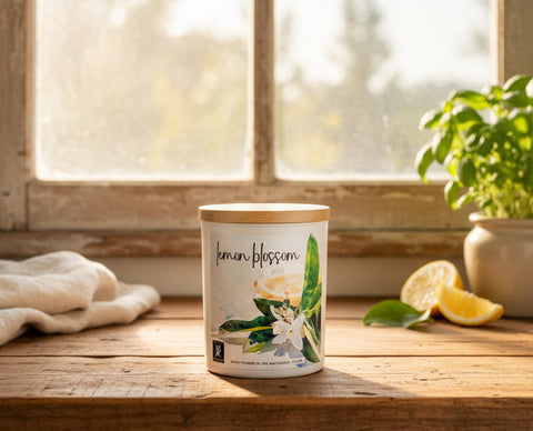 A white jar candle labeled 'lemon blossom' sits on a rustic wooden windowsill, with a potted green plant, lemon slices, and a folded white towel in a softly lit room.