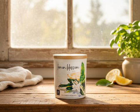 A white jar candle labeled 'lemon blossom' sits on a rustic wooden windowsill, with a potted green plant, lemon slices, and a folded white towel in a softly lit room.