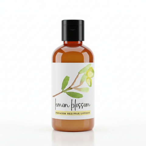 Lemon blossom premium beeswax lotion packaging with natural ingredients listed.