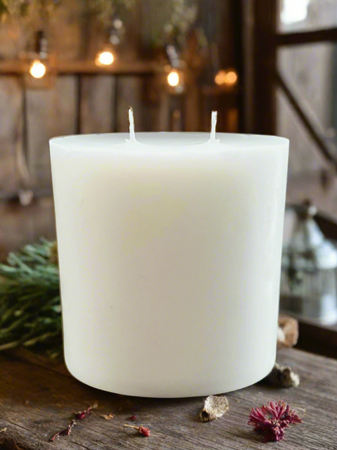 A white, pillar-shaped candle refill with multiple wicks, designed to fit inside a 12oz Grey Fox Candle AURA GLASS JAR.