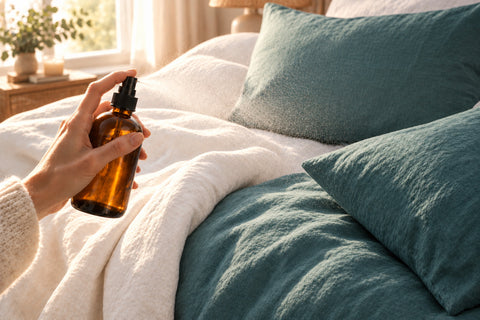 Soft white and teal linen bedding and pillows, perfect for spritzing with Alaska Grey Fox Candles linen and room sprays.