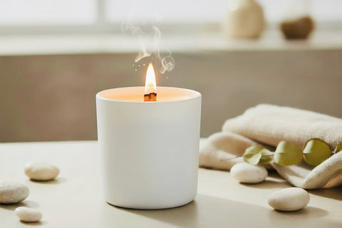 matte white wood wick candle burning in a spa setting