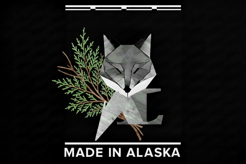 geo fox logo, grey fox candles, with cedar leaf and made in alaska wording