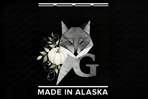 MADE IN ALASKA GREY FOX LOGO, WHITE PUMPKIN DISPLAYED
