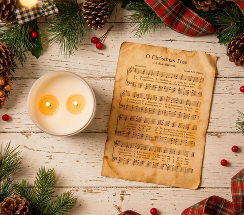 A flat-lay holiday scene with a vintage-style sheet music page reading 'O Christmas Tree' on aged paper, surrounded by pine branches, pinecones, red plaid ribbon, small red berries, and a white candle on a whitewashed wooden surface with warm bokeh lights.