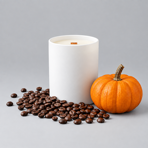 A matte white coconut wax candle with a wooden wick sits on a studio surface surrounded by coffee beans, and a small orange pumpkin.