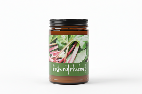 Jar of fresh cut rhubarb on a white background