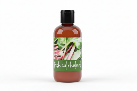 fresh cut rhubarb beeswax lotion with green background and text.