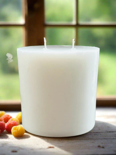 A white, pillar-shaped candle refill with multiple wicks, designed to fit inside a 12oz Grey Fox Candle AURA GLASS JAR.
