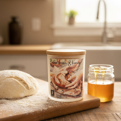 A jar candle labeled 'Sourdough & Honey' sits on a wooden cutting board in a kitchen setting, styled with a loaf of bread and a small glass jar of honey.