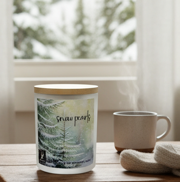 Candle and mug on a wooden table with a window view of trees