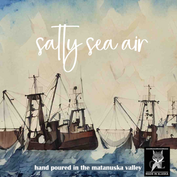 Artistic depiction of ships on water with 'salty sea air' text and branding elements.