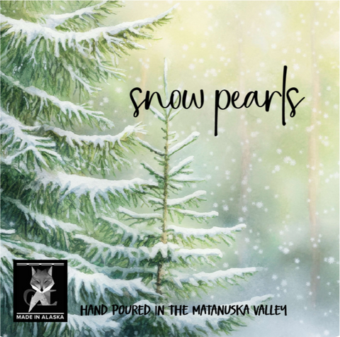 Product packaging with snow-covered pine branches and 'snow pearls' text, featuring a brand logo and text about origin.