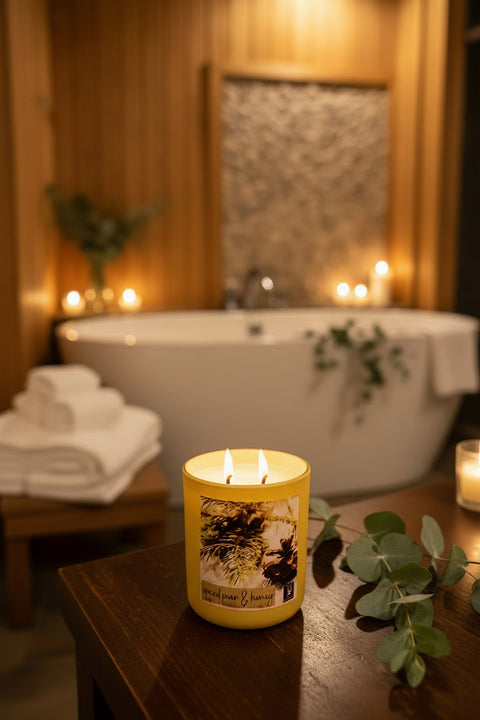 A goldenrod colored candle with a botanical label sits lit on a dark wooden table in a warm, spa-like bathroom setting with a white bathtub, candles, and greenery in the background.