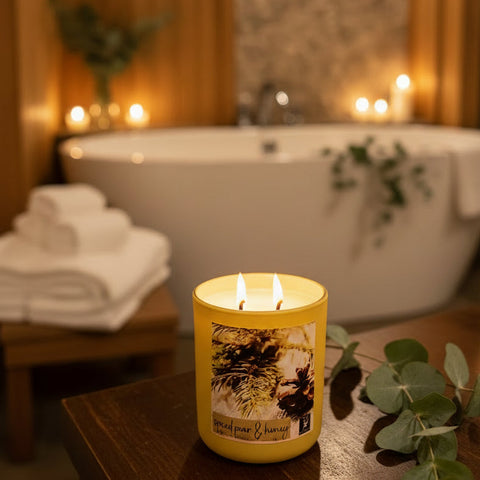 A goldenrod colored candle with a botanical label sits lit on a dark wooden table in a warm, spa-like bathroom setting with a white bathtub, candles, and greenery in the background.