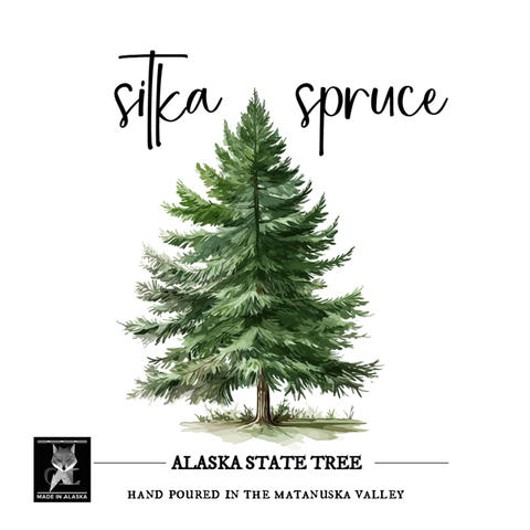 A product graphic for a 'Sitka Spruce' hand-poured candle label, featuring a watercolor illustration of a green spruce tree with the wording 'Alaska State Tree' on a white background with black text.