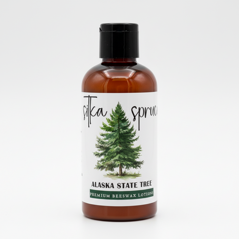 Advertisement for Sitka Spruce Alaska State Tree premium beeswax lotion with a tree illustration on a white background.