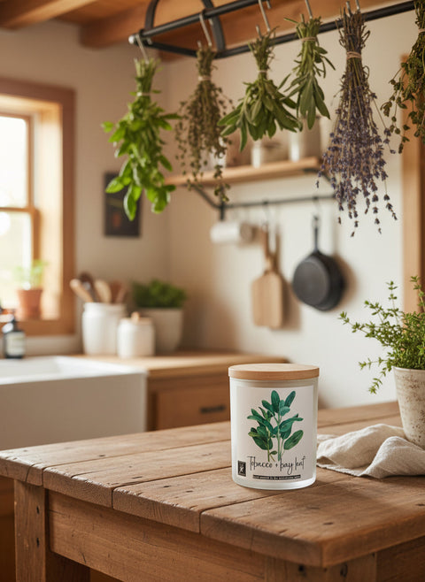 Candle with plant design on a wooden table in a kitchen setting