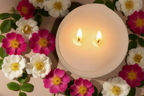 Two lit flames surrounded by pink and white flowers on a beige background