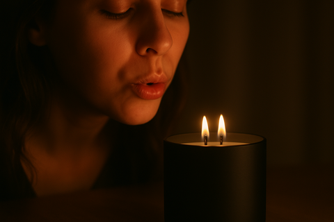woman with eyes closed blowing a candle out in a dimly lit setting