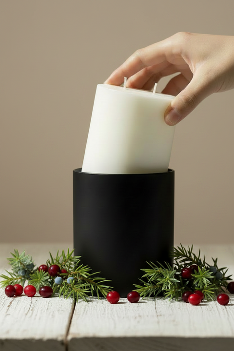 A white, pillar-shaped candle refill with multiple wicks, designed to fit inside a 12oz Grey Fox Candle AURA GLASS JAR. Juniper sprigs and wild cranberries on a farmhouse table.