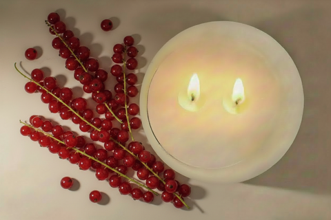 Dual wicked candles next to a branch of wild red currants on a neutral background