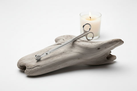 "Silver wick trimmer scissors resting on driftwood with a lit candle in the background, Grey Fox Candles"